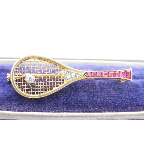 184 - Ruby and Diamond Decorated Tennis Racket Motif Ladies Brooch Mounted on 18 Carat Gold French Circa 1... 