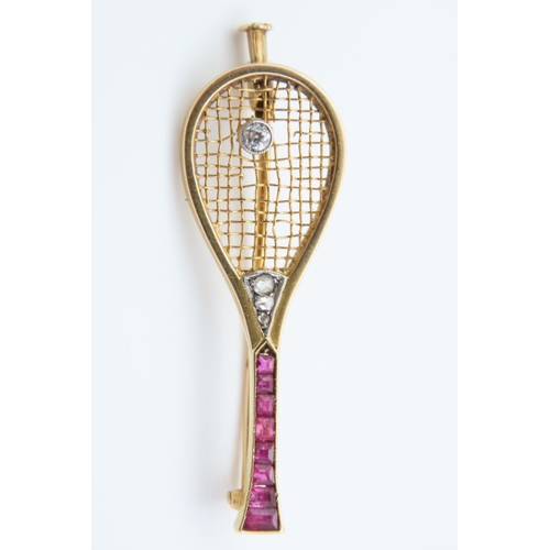 184 - Ruby and Diamond Decorated Tennis Racket Motif Ladies Brooch Mounted on 18 Carat Gold French Circa 1... 