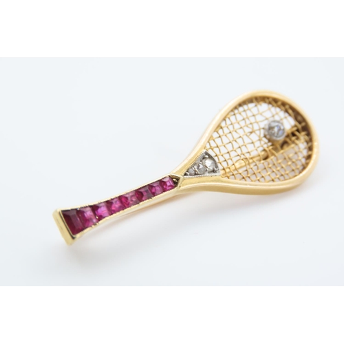 184 - Ruby and Diamond Decorated Tennis Racket Motif Ladies Brooch Mounted on 18 Carat Gold French Circa 1... 