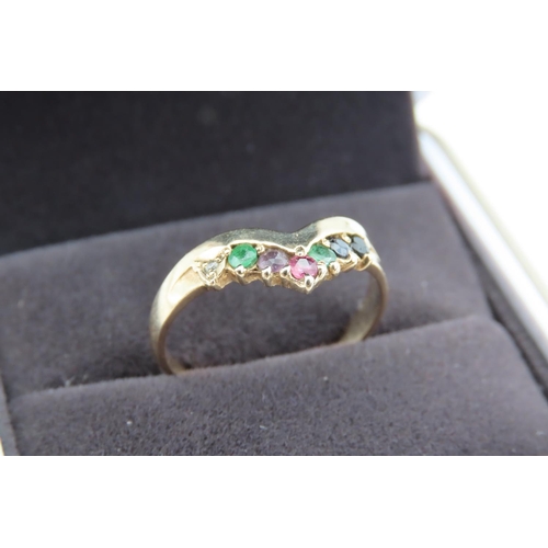 185 - Ruby, Sapphire, Diamond and Emerald Set Wishbone Ring 9 Carat Yellow Gold Band Ring Size O