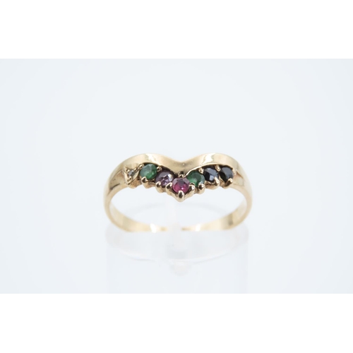 185 - Ruby, Sapphire, Diamond and Emerald Set Wishbone Ring 9 Carat Yellow Gold Band Ring Size O