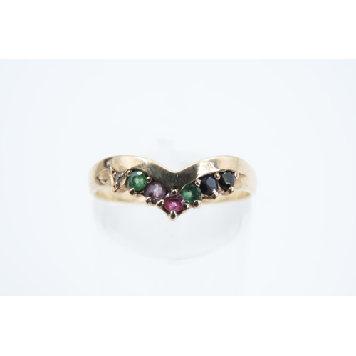 185 - Ruby, Sapphire, Diamond and Emerald Set Wishbone Ring 9 Carat Yellow Gold Band Ring Size O