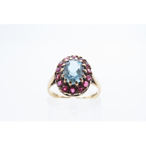 36 - Ruby and Aquamarine Ladies Cluster Ring Mounted on 9 Carat Yellow Gold Band Ring Size M