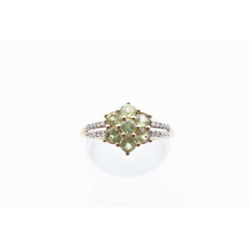 44 - Peridot and Diamond Ladies Cluster Ring Mounted on 9 Carat Yellow Gold Band Ring Size N