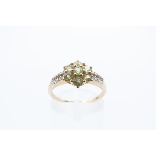 44 - Peridot and Diamond Ladies Cluster Ring Mounted on 9 Carat Yellow Gold Band Ring Size N