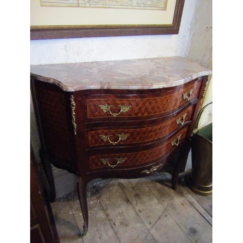 626 - Marble Top Three Drawer Side Chest Ormolu Mounted Marquetry Decorated Approximately 32 Inches Wide