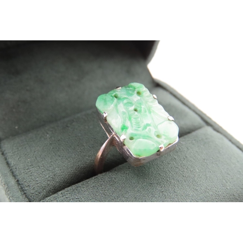 Carved Jade Panel Set Jade Ring Mounted on 9 Carat White Gold Band Ring Size K