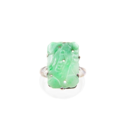 64 - Carved Jade Panel Set Jade Ring Mounted on 9 Carat White Gold Band Ring Size K