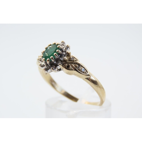23 - Emerald and Diamond Ladies Cluster Ring Mounted on 9 Carat Yellow Gold Band Ring Size R and a Half