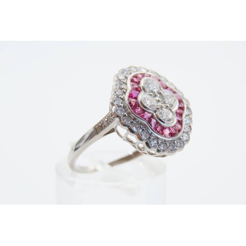 29 - Ruby and Diamond Ladies Cluster Ring Finely Detailed Set in Platinum Mounted on Platinum Band Ring S... 