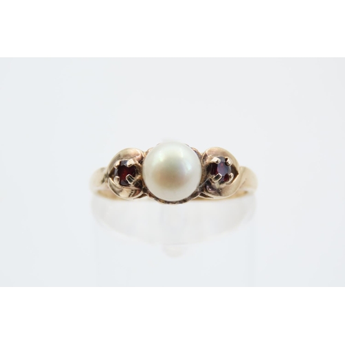 31 - Pearl and Garnet Ladies Ring Mounted on 9 Carat Yellow Gold Ring Size M
