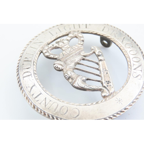 53 - Georgian County Dublin Light Dragoons Silver Sash Badge with Inscription and Hibernian Harp Motif Or... 