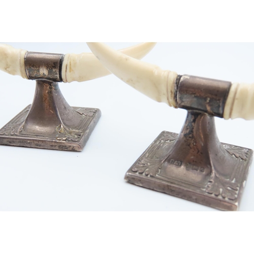 59 - Pair of Horn Mounted Knife Rests Square Pedestal Bases Each 9cm Wide x 4cm High