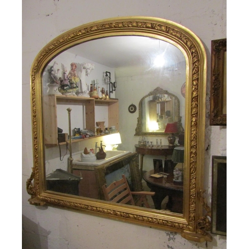 Gilded Overmantle Mirror Carved Side Decoration Approximately 4ft 6 Inches Wide x 4ft 4 Inches High