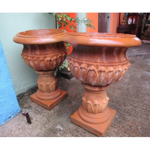957 - Pair of Composite Stone Sandstone Coloured Garden Urns on Pedestal Bases Each Approximately 40 Inche... 