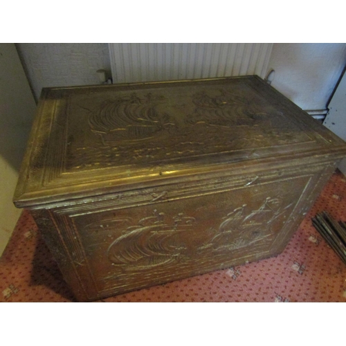 103 - Brass Bound Coal Bunker with Embossed Scenes to Entire Hinged Cover Approximately 22 Inches Wide