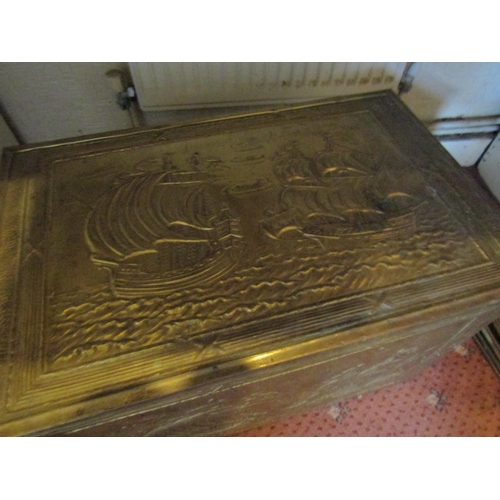 103 - Brass Bound Coal Bunker with Embossed Scenes to Entire Hinged Cover Approximately 22 Inches Wide