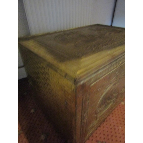 103 - Brass Bound Coal Bunker with Embossed Scenes to Entire Hinged Cover Approximately 22 Inches Wide