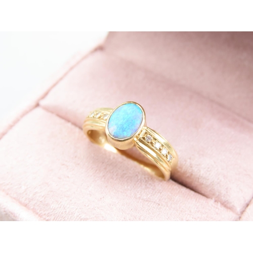 Opal and Diamond Ladies Ring Mounted on 18 Carat Yellow Gold Band with Diamond Inset Shoulders Ring Size L and a Half