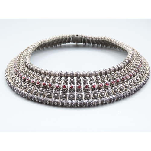 1287 - Silver Garnet Set Ladies Collar Necklace of Good Weight and Design Width 3cm x 45cm Long