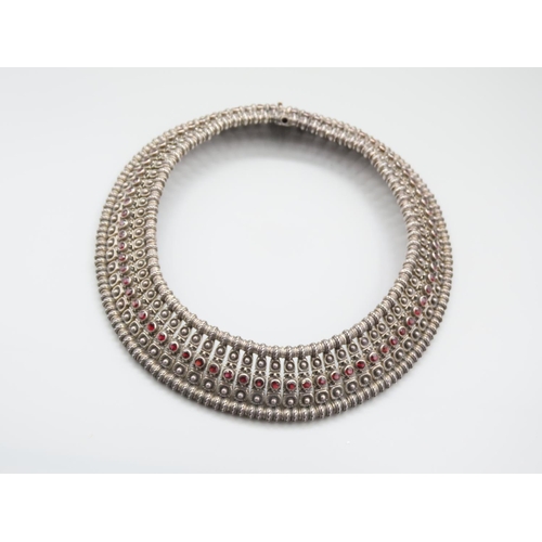 1287 - Silver Garnet Set Ladies Collar Necklace of Good Weight and Design Width 3cm x 45cm Long