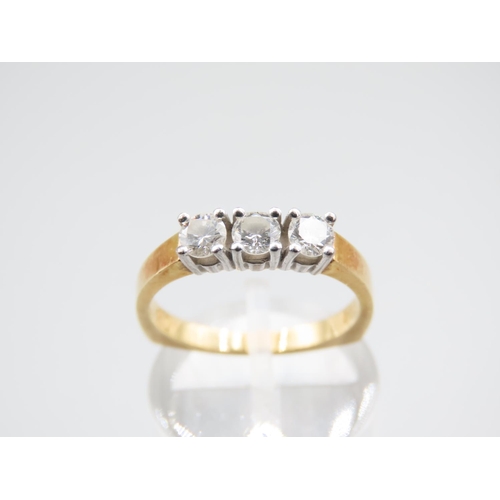 1289 - Three Stone Diamond Ring Size L Mounted on 18 Carat Yellow Gold Band