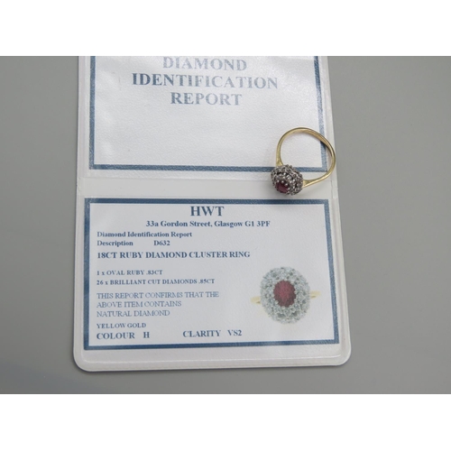 1292 - 18 Carat Ruby and Diamond Ladies Cluster Ring with Certificate Purchased New by the Vendor Ring Size... 