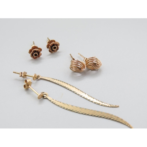 1296 - Three Pairs of 9 Carat Yellow Gold Ladies Earrings including Drop Leaf Form Example