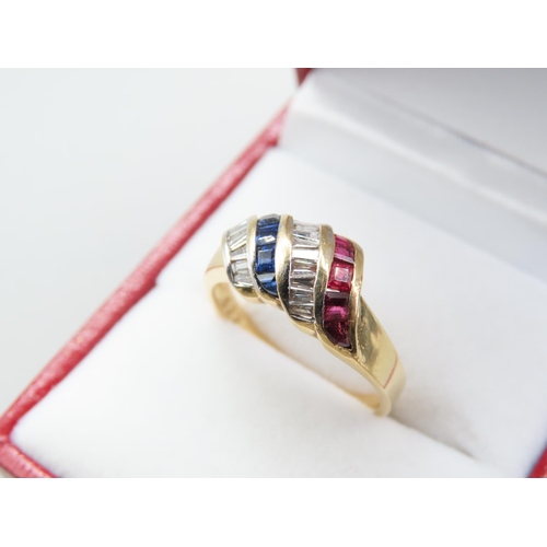 1299 - 18 Carat Yellow Gold Baguette Cut Ruby, Diamond and Sapphire Ladies Ring Attractively Detailed Ring ... 