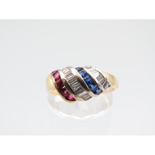 1299 - 18 Carat Yellow Gold Baguette Cut Ruby, Diamond and Sapphire Ladies Ring Attractively Detailed Ring ... 