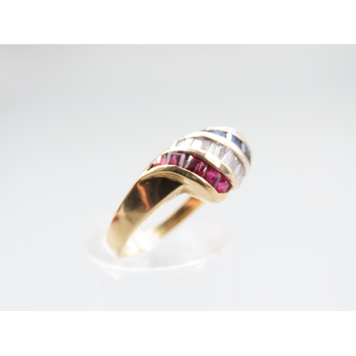 1299 - 18 Carat Yellow Gold Baguette Cut Ruby, Diamond and Sapphire Ladies Ring Attractively Detailed Ring ... 