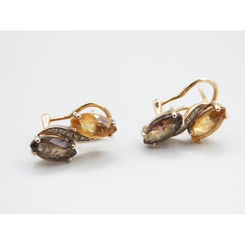 1303 - Citrine and Smokey Quartz Diamond Set Pair of 9 Carat Yellow Gold Ladies Earrings Attractively Detai... 