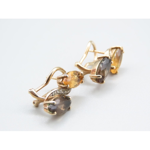 1303 - Citrine and Smokey Quartz Diamond Set Pair of 9 Carat Yellow Gold Ladies Earrings Attractively Detai... 