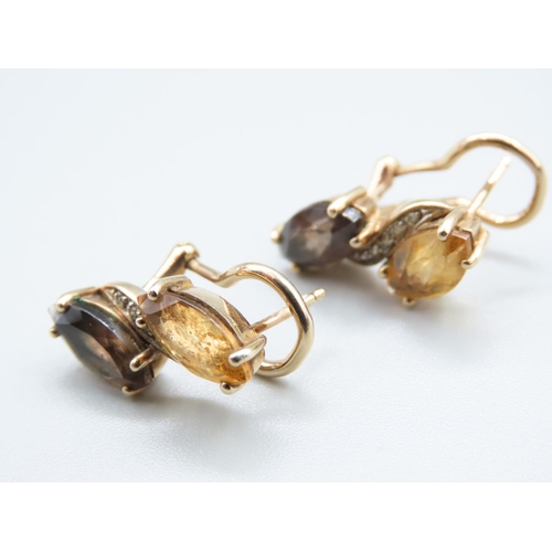 1303 - Citrine and Smokey Quartz Diamond Set Pair of 9 Carat Yellow Gold Ladies Earrings Attractively Detai... 