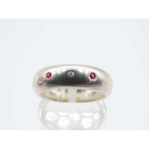 1308 - Polished Silver Ruby and Diamond Three Stone Inset Ring Band Size N