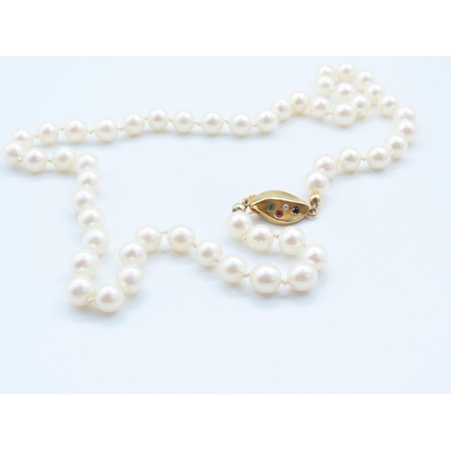 1316 - Single Strand Pearl Necklace with 14 Carat Gold Clasp Inset with Ruby Diamond and Two Sapphires Pear... 