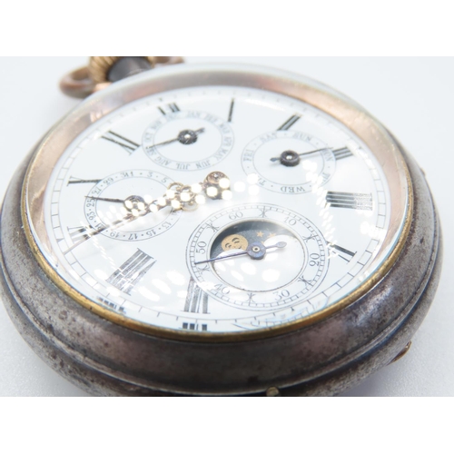 1327 - Antique Moonphase Gentlemans Day Date Pocket Watch Rare