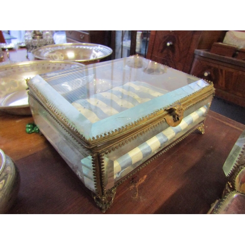 1332 - Ormolu Mounted Glass Inset Jewellery Box Hinged Cover Shaped Supports Approximately 7 Inches Wide