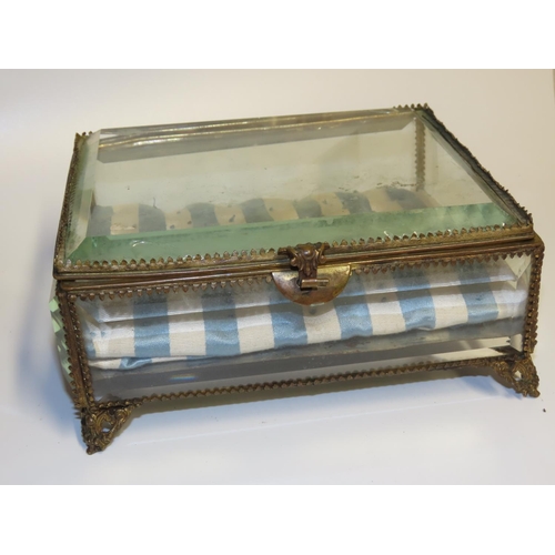 1332 - Ormolu Mounted Glass Inset Jewellery Box Hinged Cover Shaped Supports Approximately 7 Inches Wide