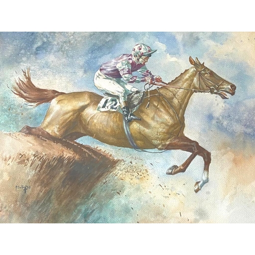 146 - Peter Curling Watercolour Horse and Jockey Over The Jump Goache Signed Lower Left and Dated 1978 18 ... 