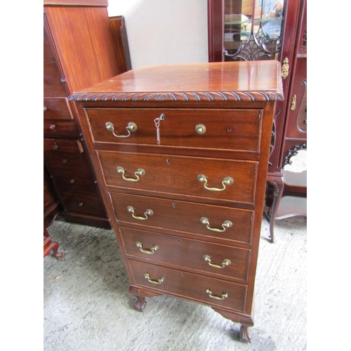 Chippendale Mahogany Cutlery Chest Pier Form Brass Swan Neck Handles Top Drawer Velvet Lined Each Drawer Pull Present Approximately 20 Inches Wide x 42 Inches High