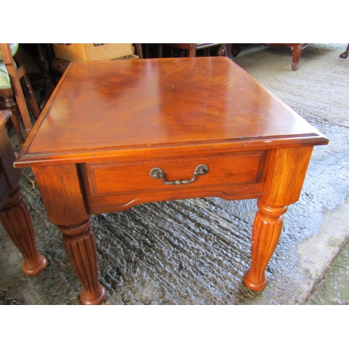 21 - Matching Walnut Single Drawer End Table Square Form Turn Supports Approximately 20 Inches Square