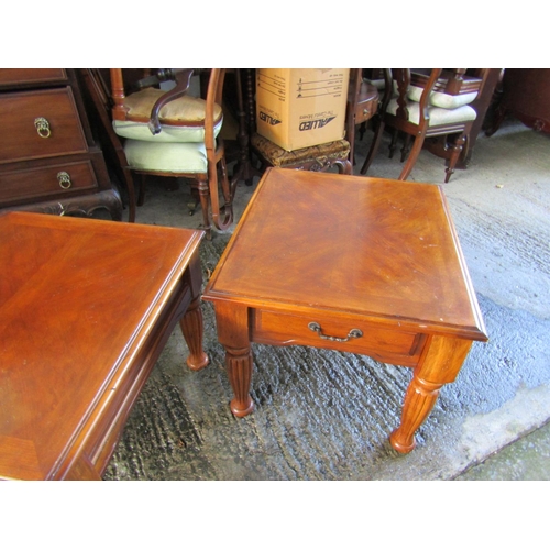21 - Matching Walnut Single Drawer End Table Square Form Turn Supports Approximately 20 Inches Square