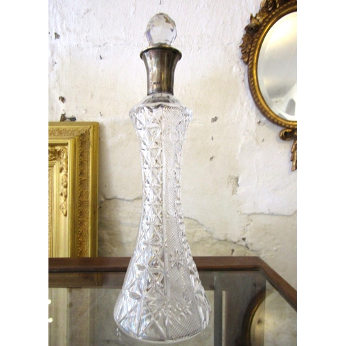 Cut Crystal Decanter with Silver Hallmarked and Stopper Approximately 13 Inches High