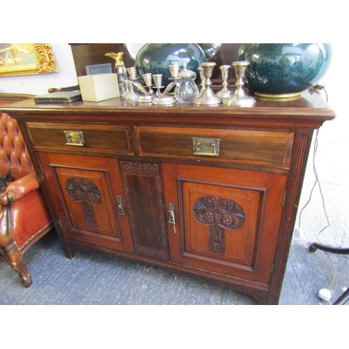 33 - Antique Mahogany Side Cabinet Twin Drawers Above Covered Base Approximately 4ft 6 Inches Wide