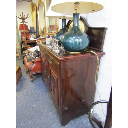 33 - Antique Mahogany Side Cabinet Twin Drawers Above Covered Base Approximately 4ft 6 Inches Wide