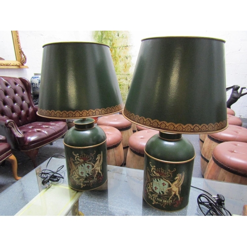 439 - Pair of Dark Green Gilt Decorated Toileware Tea Canaster Table Lamps Electrified Working Order Each ... 