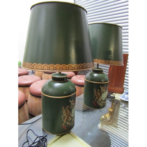 439 - Pair of Dark Green Gilt Decorated Toileware Tea Canaster Table Lamps Electrified Working Order Each ... 