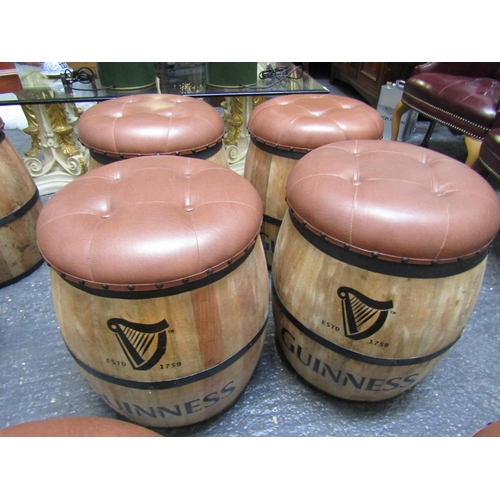 442 - Set of Four Guinness Iron Bound Barrell Seats Upholstered with Deep Button Tan Leather Tops Each App... 