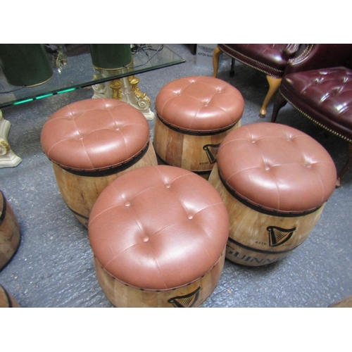 442 - Set of Four Guinness Iron Bound Barrell Seats Upholstered with Deep Button Tan Leather Tops Each App... 